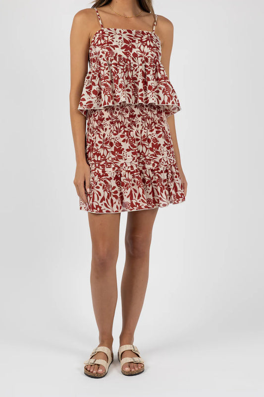 HUMIDITY EDEN SHIRRED SKIRT - BRICK PRINT