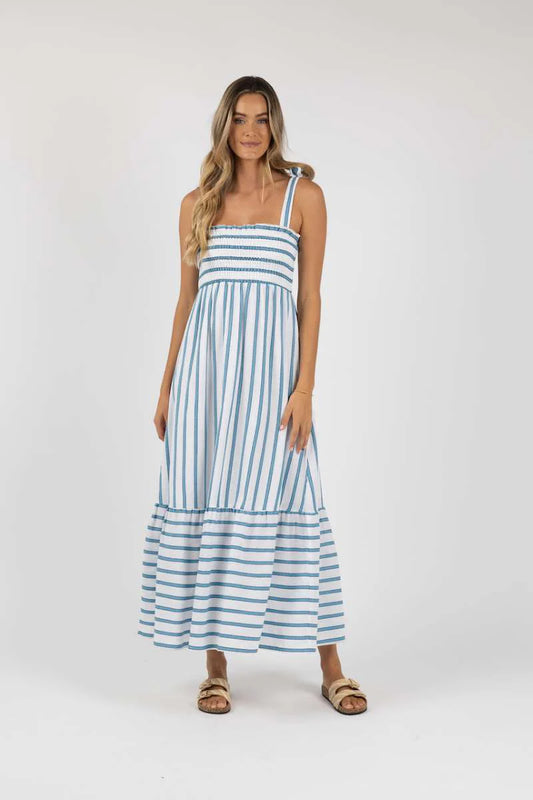 HUMIDITY SANTOS SHIRRED DRESS - BLUE STRIPE